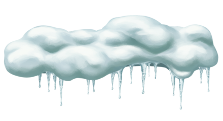 stylized snowdrift header illustration blending gouache texture, soft pastel green and white snow masses, sharp translucent dripping icicles, isolated on transparent background, concept for seasonal