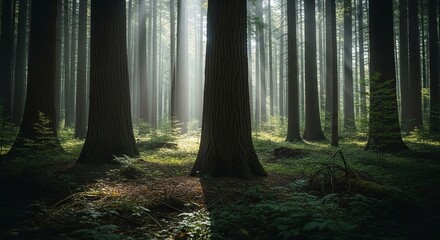Fototapeta premium Sunlight streams through a tranquil, ancient forest, illuminating mossy ground.