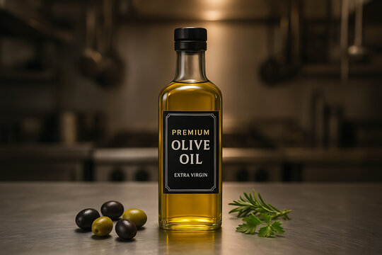 Premium extra virgin olive oil bottle mockup with black label and fresh ingredients in a dark industrial kitchen setting mockup