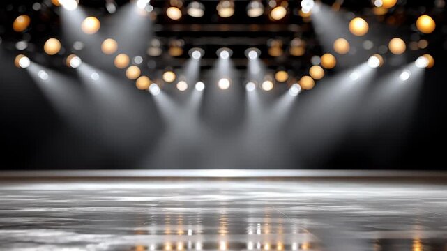 Stage illuminated by bright spotlights, showcasing a polished floor, as the camera smoothly zooms in, capturing the vibrant atmosphere and dramatic lighting effects for performance settings