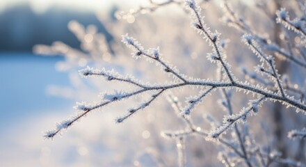 Delicate frost crystals sparkle on bare tree branches in a serene winter landscape.