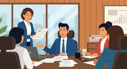 Dynamic business professionals collaborating strategically during an engaging office meeting, presenting innovative ideas and fostering successful team growth within a modern corporate environment