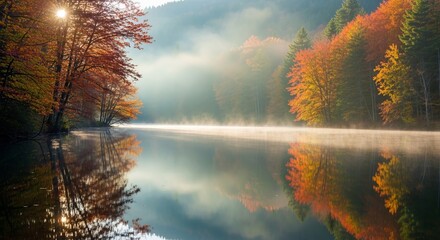 Serene autumn forest reflected in misty calm lake at sunrise