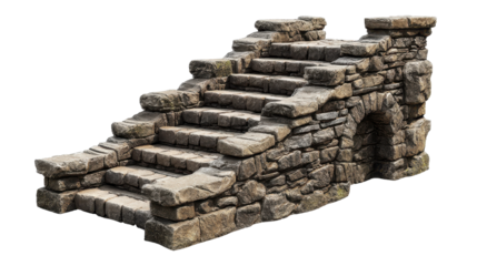 Ancient weathered stone stairs and architectural rock wall isolated on transparent background, showing worn steps leading upwards, representing progress and journey