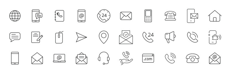 Line style web icon set for communication. Speech bubble, chat, talking, discussion, conversation, contact us, consultation signs for mobile and web app. Vector illustration.