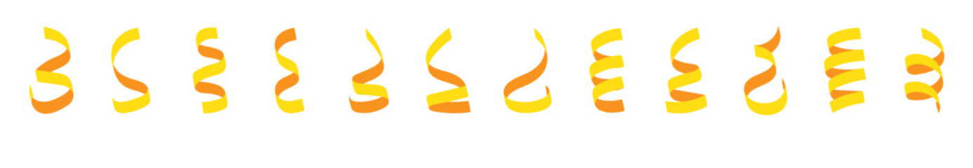 Yellow serpentine ribbon swirling, celebrating festive events, party decoration elements with transparent background, Vector illustration.