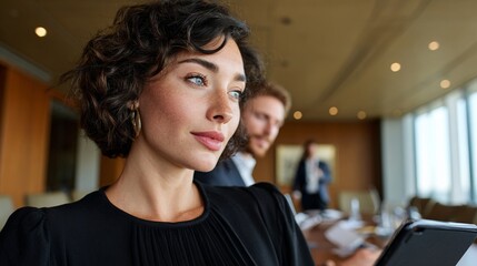 Woman in business meeting, holding tablet, looking at camera