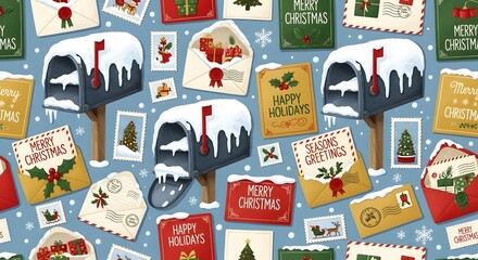 Fototapeta premium Christmas Mailbox and Holiday Greetings Seamless Background