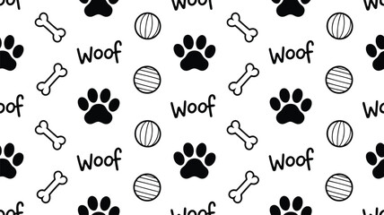 A cheerful repeating pattern displays black dog paw prints, outline bones, round balls, and the word woof