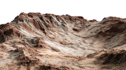 Arid martian like terrain with eroded cliffs and a rough valley, barren red brown desert landscape for sci fi or space themes, isolated png with transparent background