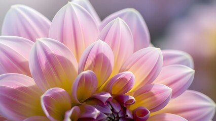 Close up of a pink dahlia flower with delicate petals and soft lighting