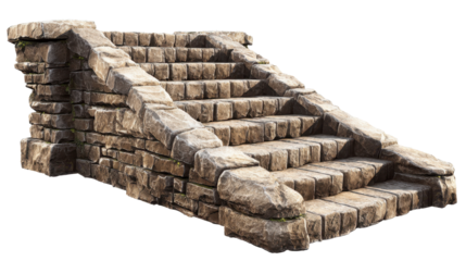 Ancient stone stairs leading upwards, old rough rock staircase with weathered stone steps and handrails, historic ruin architecture element, transparent background isolated