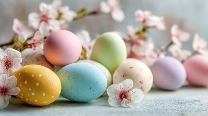 Easter eggs, springtime celebration of new beginnings and colorful traditions. Decorated eggs rest among blossoming branches