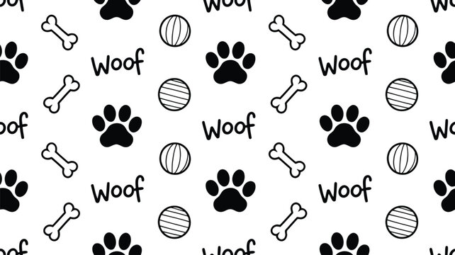 A cheerful repeating pattern displays black dog paw prints, outline bones, round balls, and the word woof