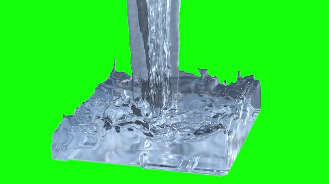 3D rendering of water being poured. 3D animation of ripples of falling water isolated on a green screen. 