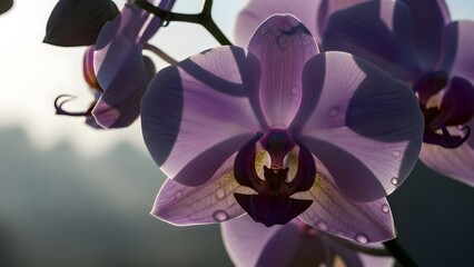 Close up of elegant purple orchid with sunlight creating shadows and details