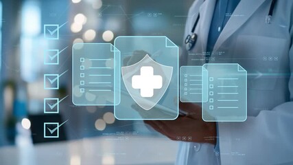 Doctor holding tablet with holographic medical icons and checkbox. Medical professional integrates digital solutions in healthcare. Protection personal data. Innovation and technology in patient care - Powered by Adobe