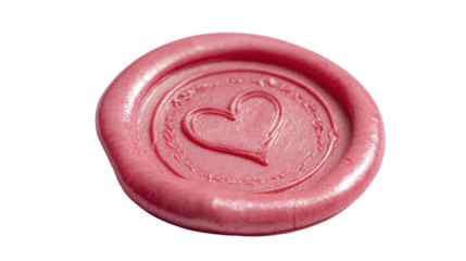 Pink wax seal with a heart impression symbolizing love and romance, used for sealing letters, invitations, or as a decorative element, isolated on a transparent background