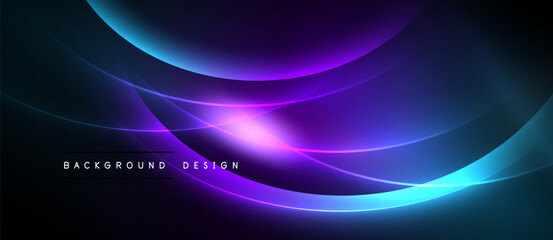 Abstract design features flowing curves, vibrant blues, purples, bright light. Dark background enhances luminosity, creating dynamic visual effect.