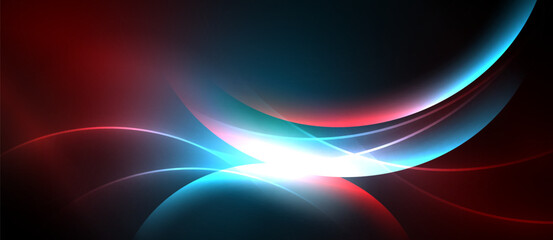 Abstract design features flowing curves, vibrant red, blue hues. Bright white light emanates from central point, creating dynamic effect.