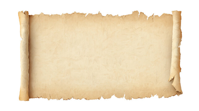 Antique papyrus scroll unfurling to reveal a weathered blank parchment with torn, ragged edges and aged textureisolated on transparent background for vintage designs