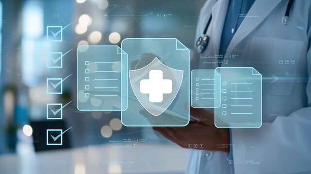 Doctor holding tablet with holographic medical icons and checkbox. Medical professional integrates digital solutions in healthcare. Protection personal data. Innovation and technology in patient care