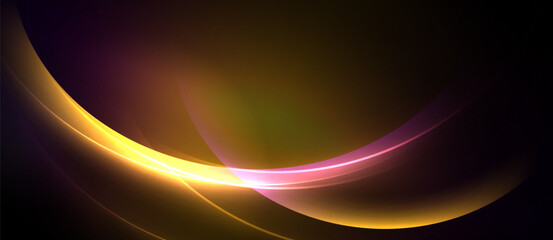 Abstract design features curved lines, vibrant colors. Gold, purple, pink hues blend into dark background. Smooth gradients create dynamic visual effect.