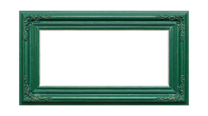 Vintage green ornate wooden picture frame with antique carved details featuring an empty transparent background, ideal for displaying art, memory, or certificate content