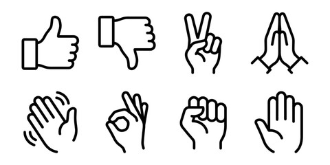 Hand gestures and human interaction line icons set