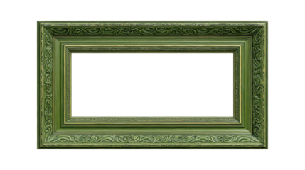 Ornate green wooden picture frame with vintage decorative relief elements, providing an empty space for content, isolated on a transparent background, rectangle shape