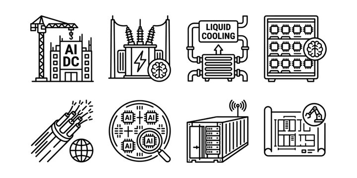 AI data center infrastructure and cooling line icons set