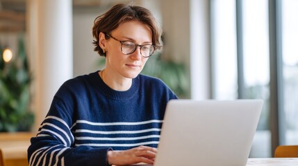 Woman using laptop at coffee shop