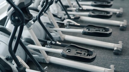 A line of modern elliptical trainers in a gym, focusing on the foot pedals and metallic frames.