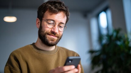 Man using cell phone indoors.