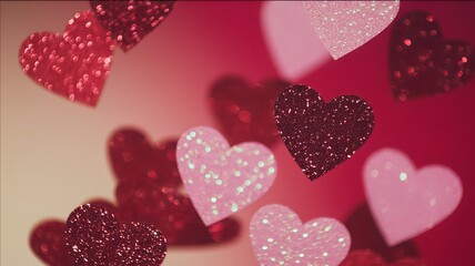 Festive bright banner background with copy space featuring glitter red and pink hearts