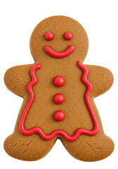 photorealistic, hyper-detailed macro shot of a single, smiling gingerbread woman cookie with bright red icing buttons, against a seamless high-key white void. Cheerful holiday spirit atmosphere