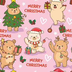 Cute teddy bear having fun on christmas day on pink background seamless pattern
