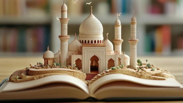 An intricate model of a mosque, complete with domes and minarets, is artistically crafted on the page of an open book, evoking stories of culture and faith.