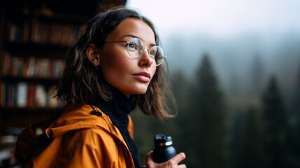 Woman with glasses, standing outdoors, holding a camera, wearing a backpack, near a bookcase with books, in front of a forest or mountain range, on a cloudy day.