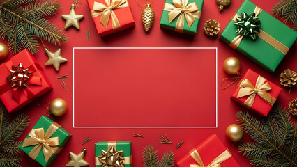Christmas presents and decorations arranged around a red rectangle on a red background with gold accents and pine branches
