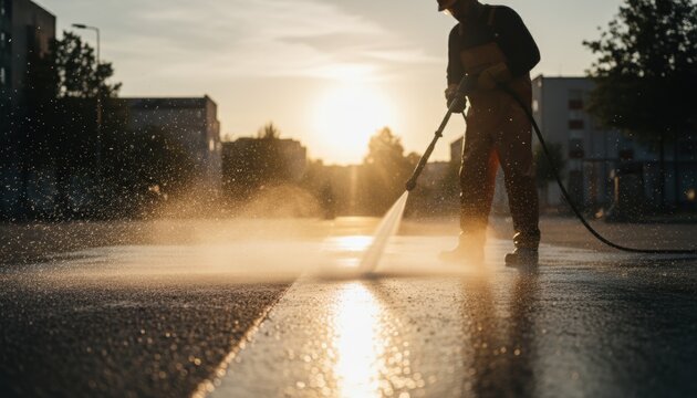 Municipal worker power washing a city street at sunrise with sparkling water spray symbolizing urban maintenance safety cleanliness and infrastructure care