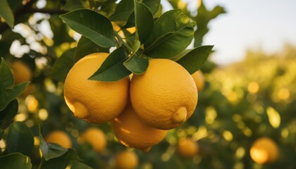 Close up of bright, ripe yellow lemons hanging from branch among green leaves in sunlit orchard, illustrating fresh citrus fruit farming and harvest