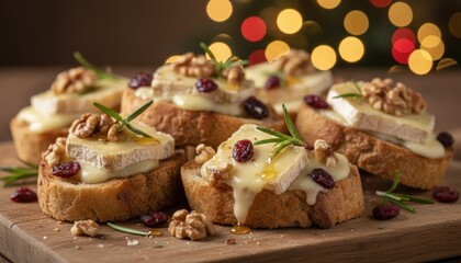Gourmet holiday appetizer consisting of toasted baguette slices topped with melted brie cheese walnuts dried cranberries rosemary and drizzle of honey with warm festive background lights