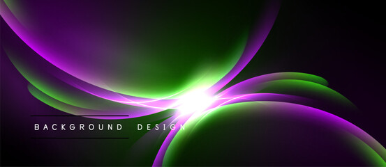 Abstract waves, vibrant purple, green hues blend. Light flares radiate from center. Dark background creates contrast, modern design element.
