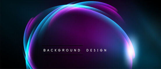 Abstract neon light shapes form glowing arc over dark background. Modern design element for digital projects.