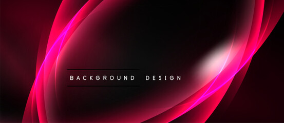 Abstract crimson waves over black backdrop. Modern design features glowing lines, elegant text reads background design. Smooth gradients create dynamic visual effect.