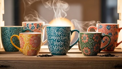 Steaming Mugs with Decorative Designs for Warm Beverages