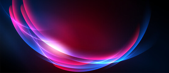 Abstract design features flowing curves, vibrant pinks, blues. Dark background emphasizes luminous shapes, creating dynamic visual impact.