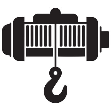 Black silhouette of a winch with a hook and cable