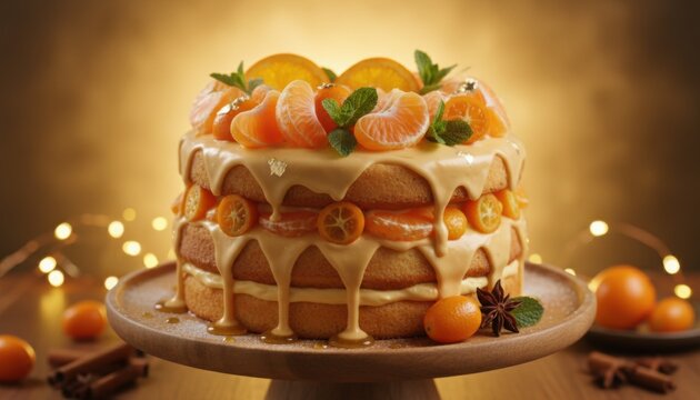 Three layer citrus layer cake topped with mandarin orange slices kumquat and light cream icing surrounded by holiday cinnamon spice and warm festive lights